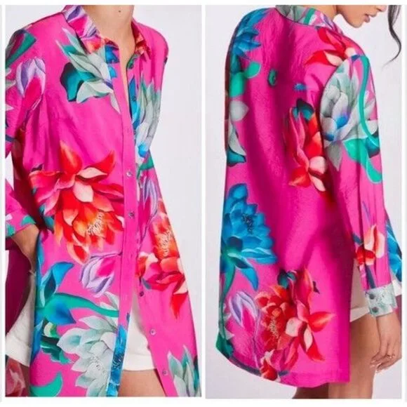 Maeve Anthropolgie Tunic Button-Down Floral Shirt Pink Womens Size S - Picture 1 of 10